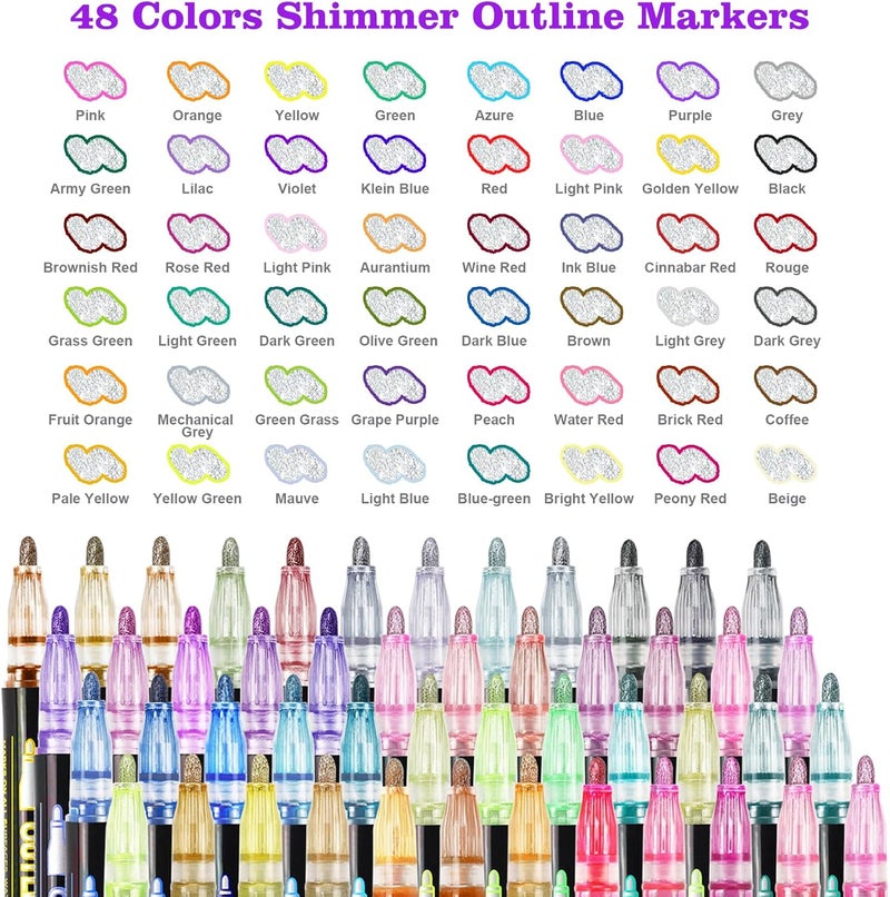 KOUSICOO Glitter Markers Outline Glitter Pens: 48 Shimmer Metallic Tween Teen Girl Gifts Trendy Stuff 4-16 Year Old,Arts Crafts Kids Ages 8-12,Art Supplies Kids 6-8 9-12 10-12,Cute Cool Fun Crafts Girls 8-12 - Image 2